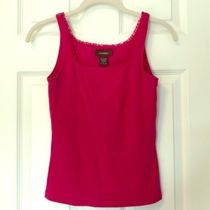Hot pink cotton tank with ruffle trim.